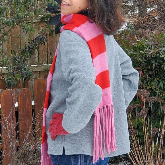 Coach Leatherware Fringed Wool Scarf in Pink and Red Stripes - Picture 3 of 5